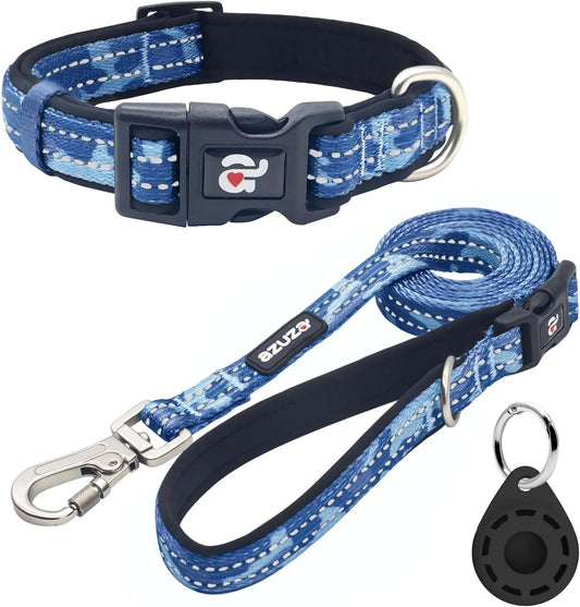 Blue Camo Reflective Dog Collar and Leash Set with Airtag Holder - Padded Comfort for Medium Dogs